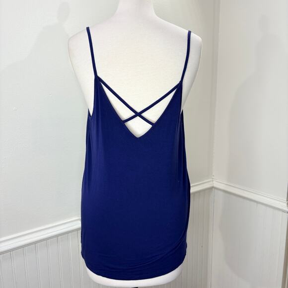 Express Size M Tank Top Camisole Y2K Lace Trim Blue Black Cross Back - Picture 2 of 12